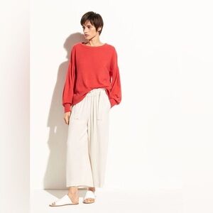 Vince Cashmere Pleated Sleeve Crew Sweater Poppy Orange Red